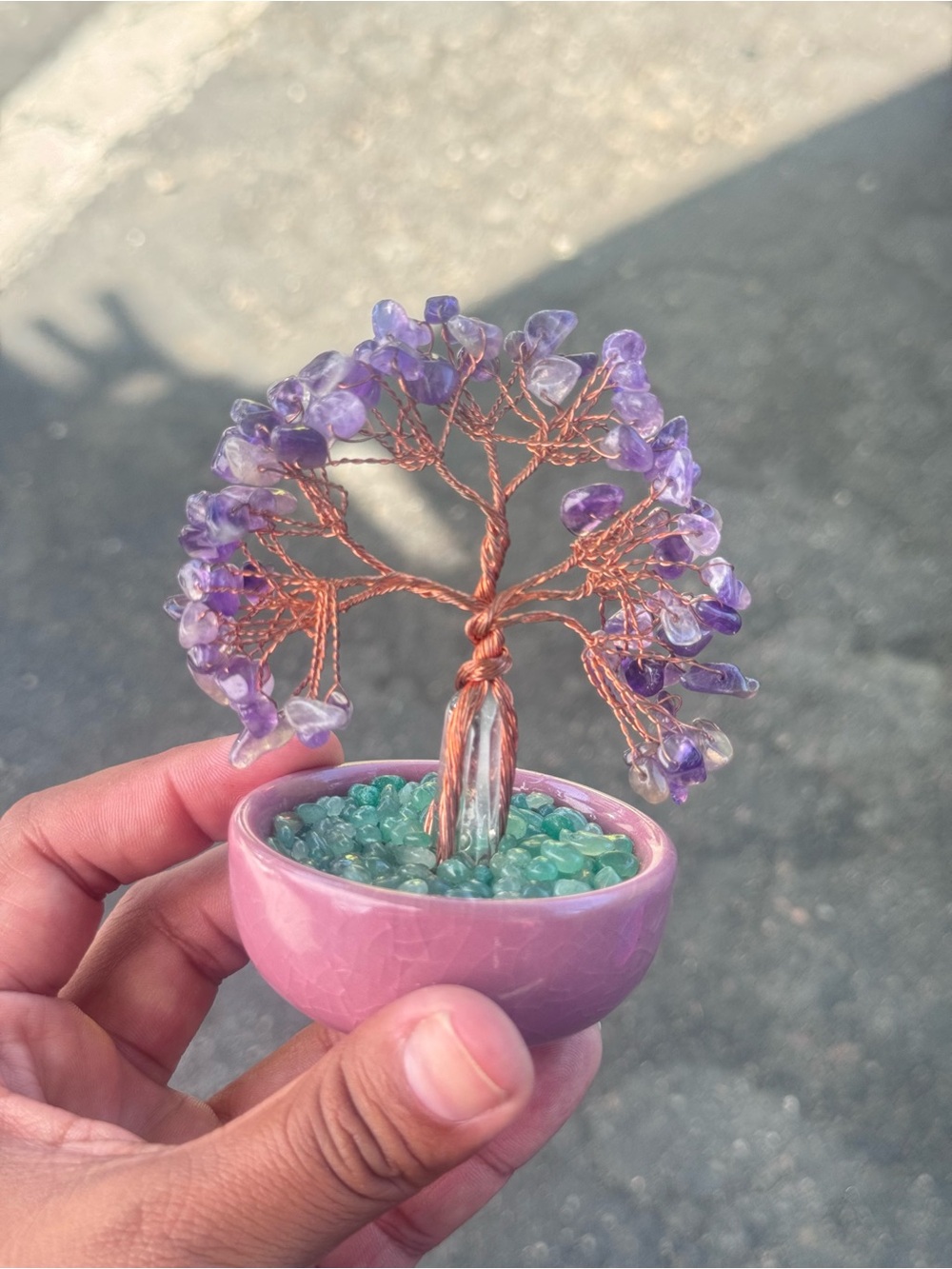 Handcrafted Amethyst Wire Tree in Pink Pot - Decorative Home Accent